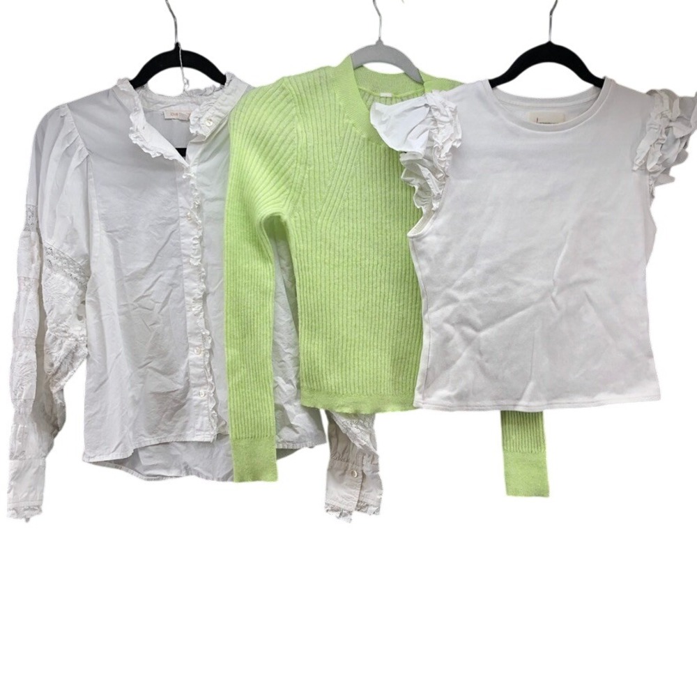 Anthropologie Love the Label Tops Lot Womens S White Lime Green Ruffle Boho